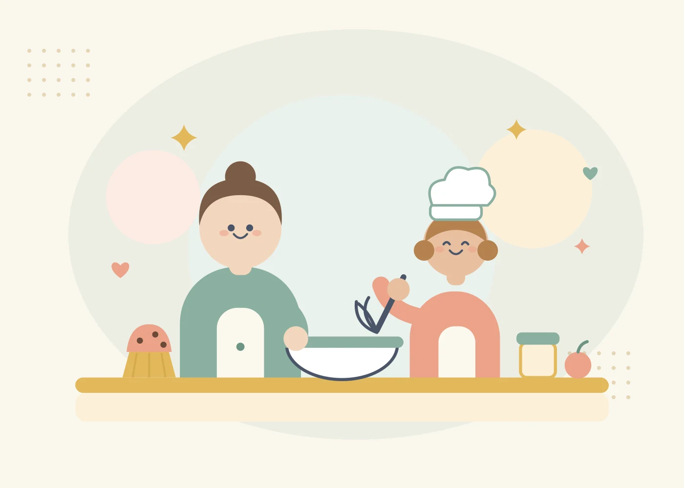Illustration : un adulte et un enfant préparent un goûter maison ensemble
